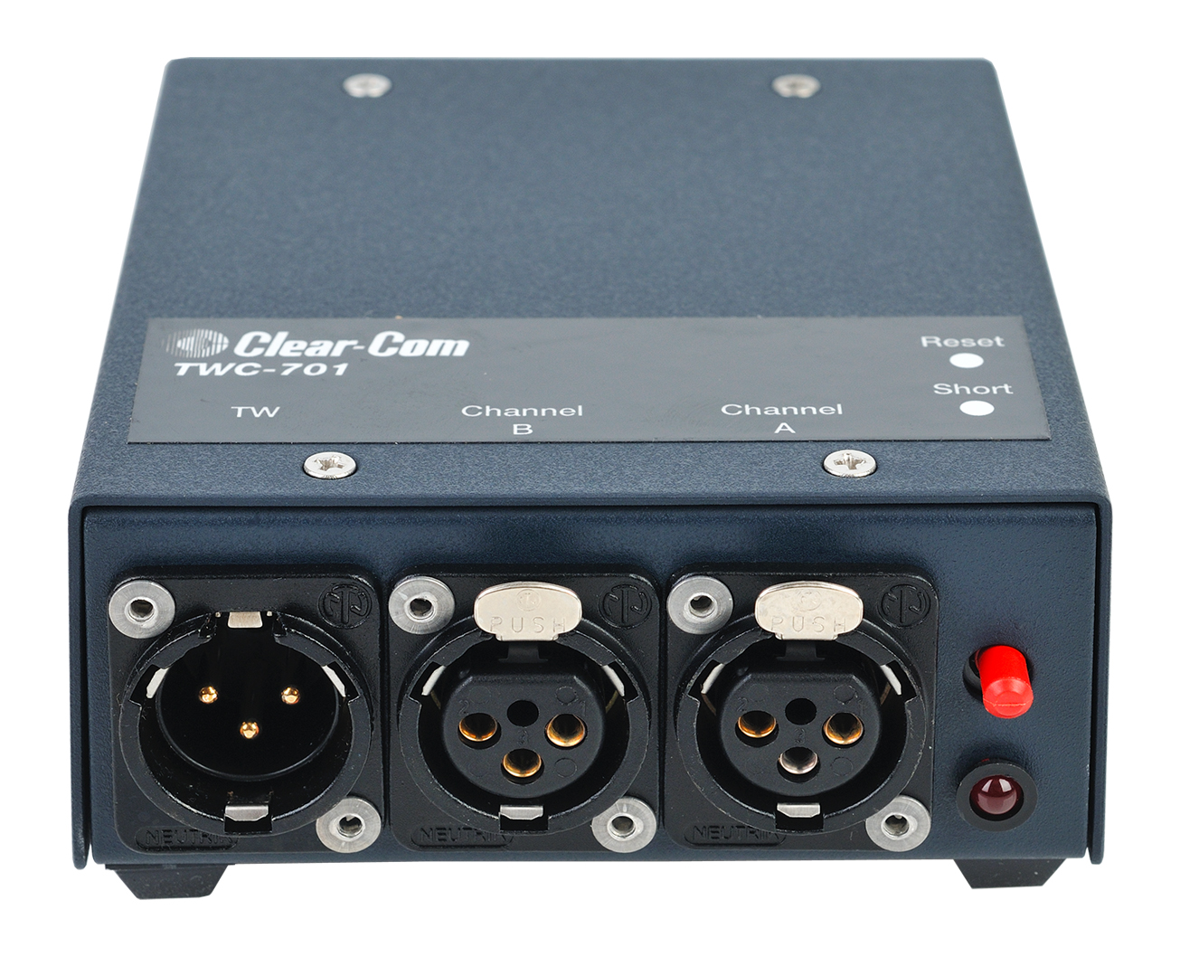 The TWC-701 is a stand-alone adaptor that combines two standard Clear-Com intercom channels (on two separate cables) onto a single standard 3-pin microphone cable.